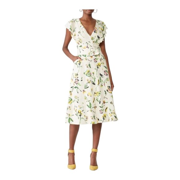 TANYA TAYLOR Inez Cream Floral Linen Flutter Sleeve Midi Dress Size 4 ($245) - Picture 1 of 13